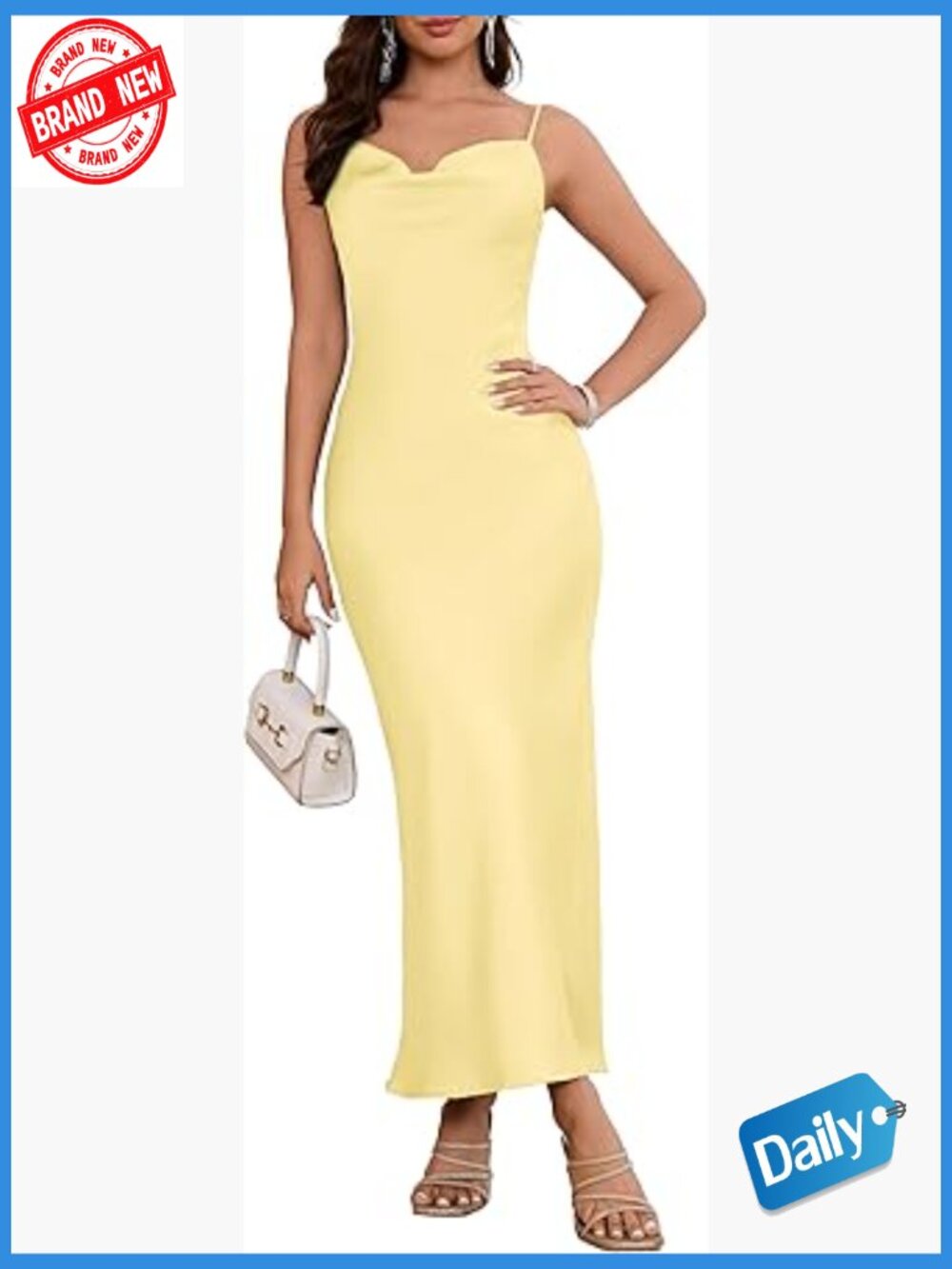 Satin Spaghetti Strap Cowl Neck Midi Dress for Wedding Guest Evening Party Maxi